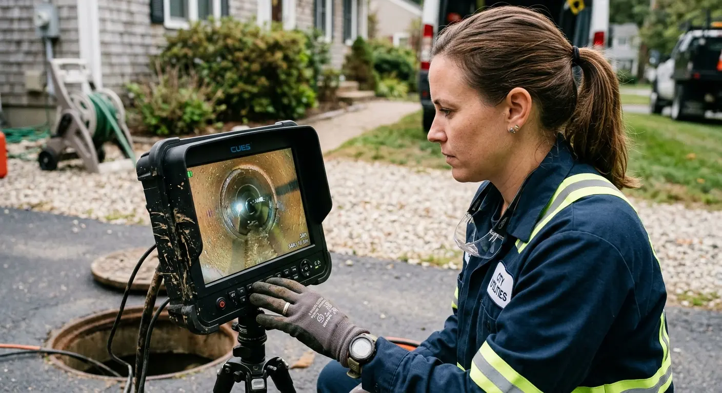 Technician reviewing sewer camera inspection footage in Chili