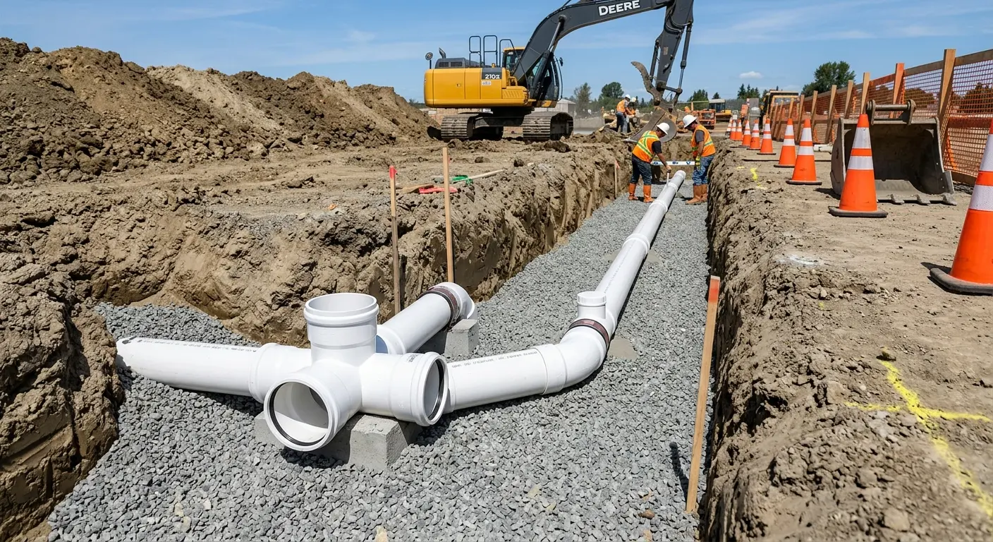 New PVC sewer pipe installation in open trench for Commercial Drain Cleaning in Chili