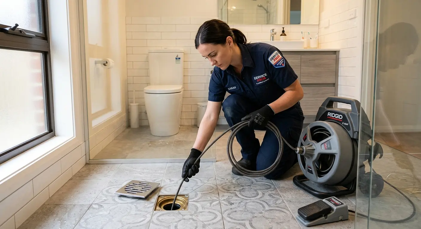 Technician clearing a bathroom floor drain for Drain Cleaning in Chili